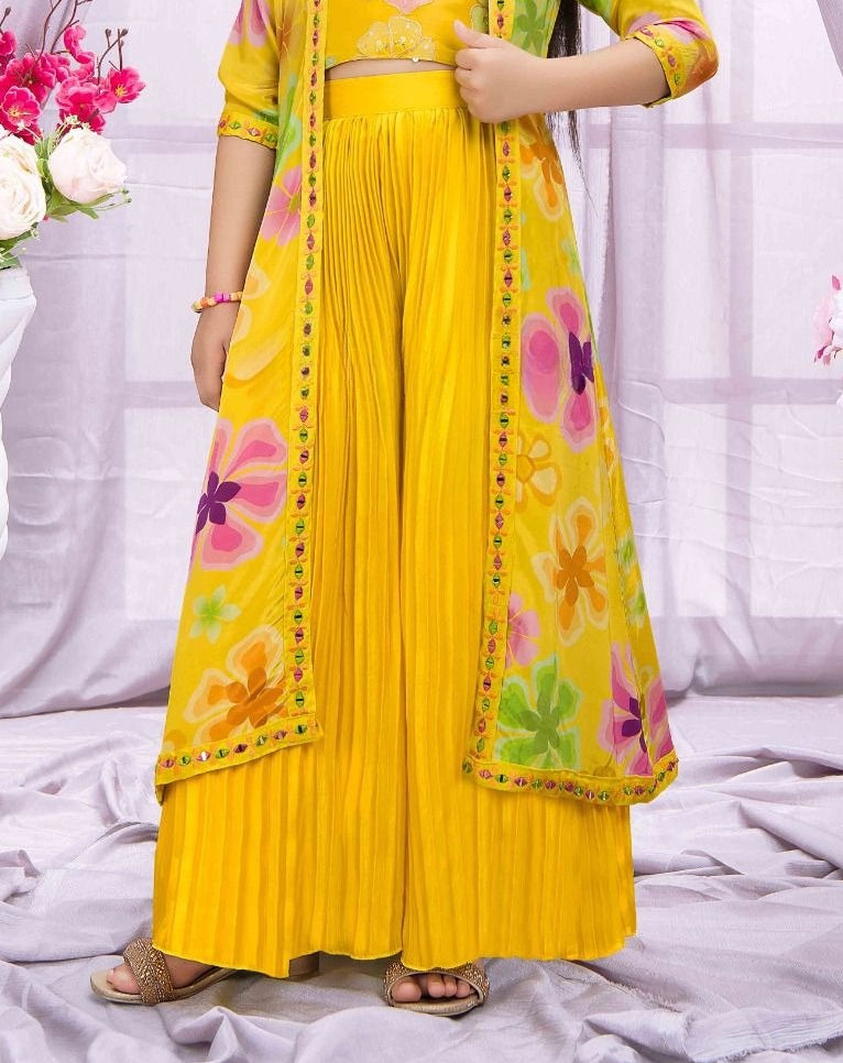 Yellow Floral Printed Long Jacket with Pleated Palazzo Set
