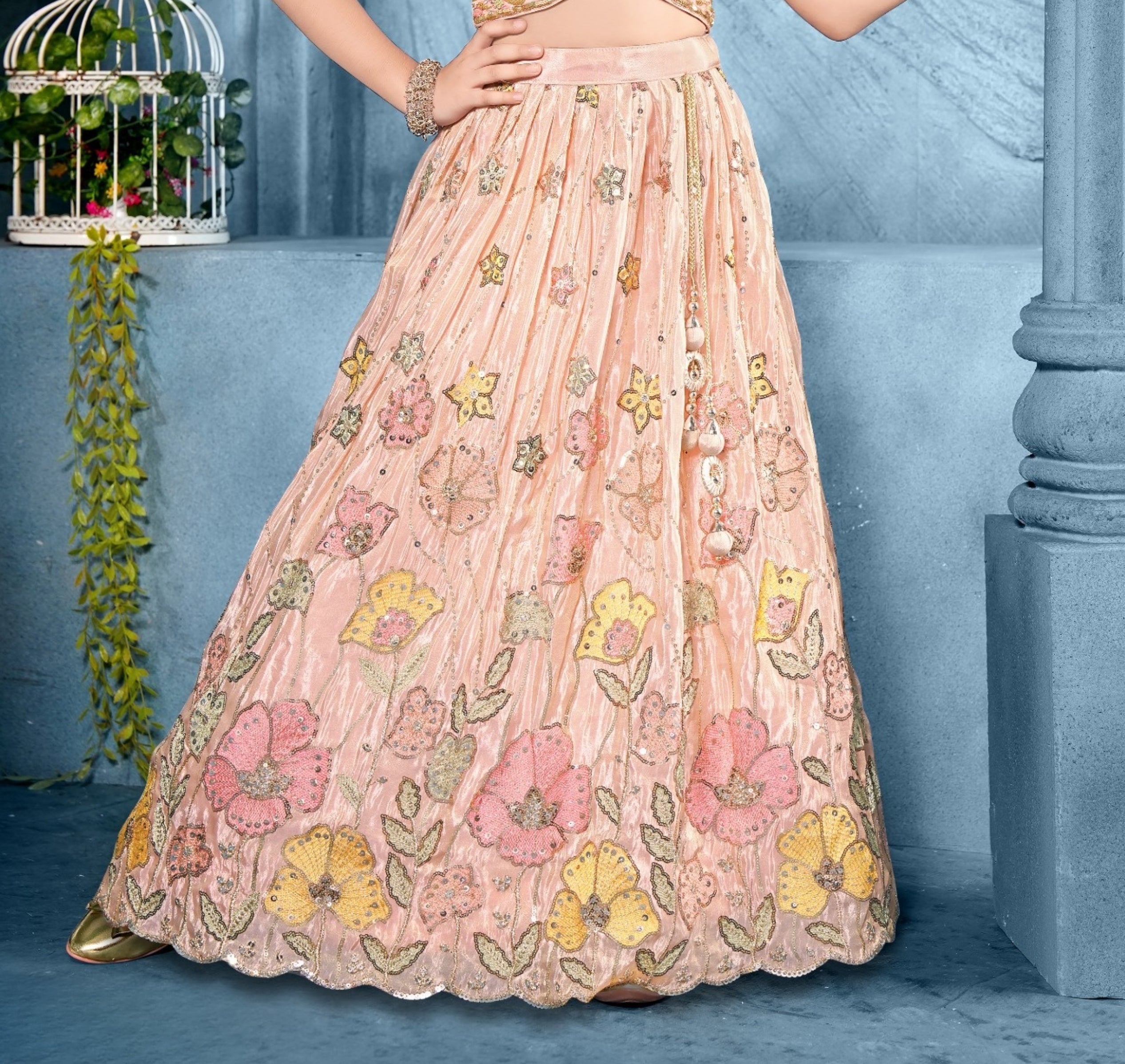 Peach – Floral Embroidered Lehenga Set