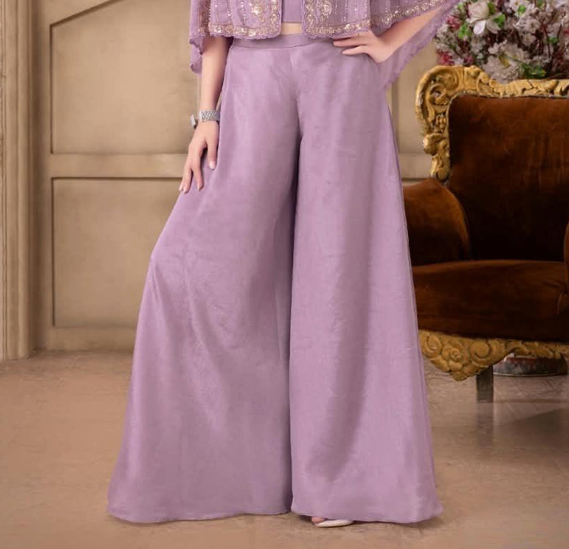Purple Embroidered Cape Top with Wide-Leg Palazzo Pants | Ethnic Wear For Girls