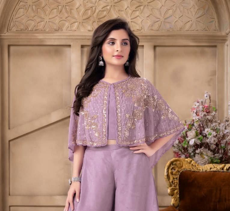 Purple Embroidered Cape Top with Wide-Leg Palazzo Pants | Ethnic Wear For Girls