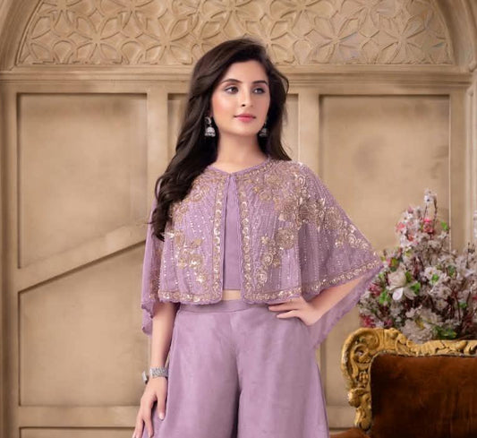 Purple Embroidered Cape Top with Wide-Leg Palazzo Pants | Ethnic Wear For Girls