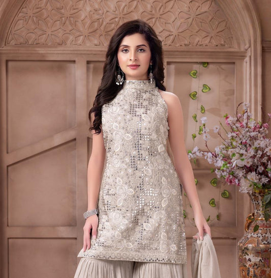 Ivory Cream Embroidered High-Neck Kurti with Flared Sharara & Dupatta | Ethnic Wear For Girls