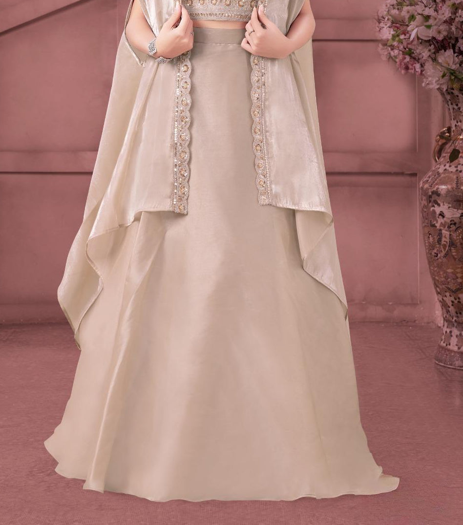 Cream Embroidered Crop Top & Flared Lehenga with Draped Cape Dupatta |Ethnic Wear For Girls