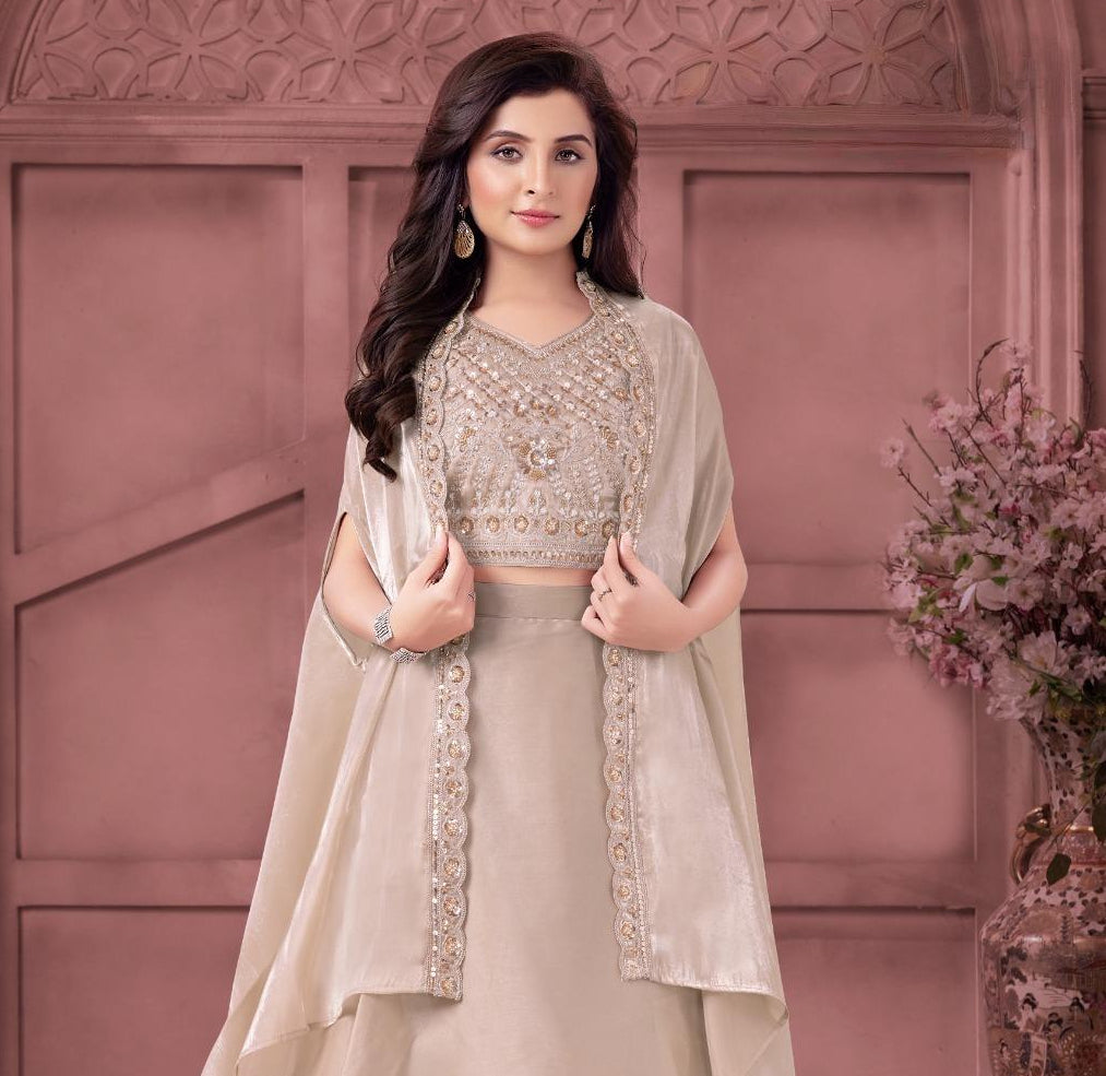 Cream Embroidered Crop Top & Flared Lehenga with Draped Cape Dupatta |Ethnic Wear For Girls