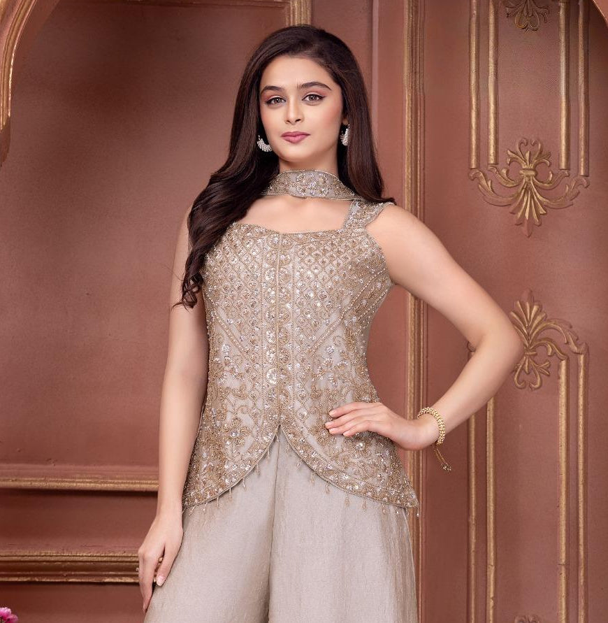 Champagne Fone Embroidered Peplum Kurti & Wide-Leg Palazzo Set with Dupatta | Ethnic Wear For Girls