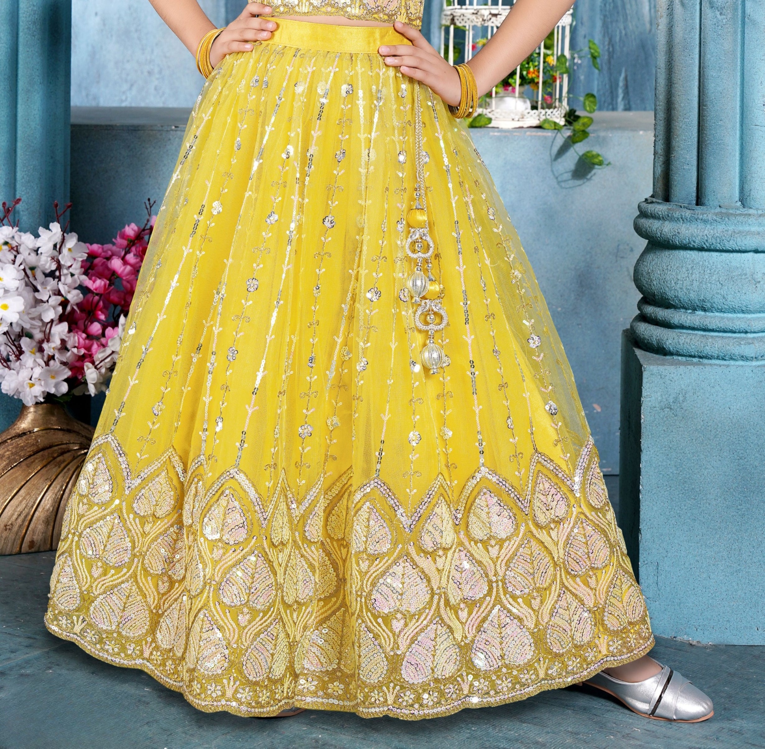 Mustard Yellow Mirror & Threadwork Embroidered Lehenga Set