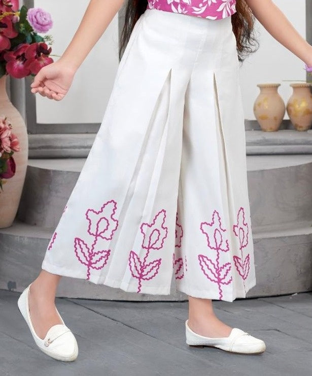Pink Floral Top with Ivory Embroidered Palazzo Set | Festive Kids Outfit for Girls