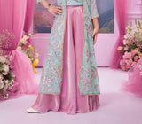 Aqua Blue & Pink Embroidered Long Jacket Lehenga Set