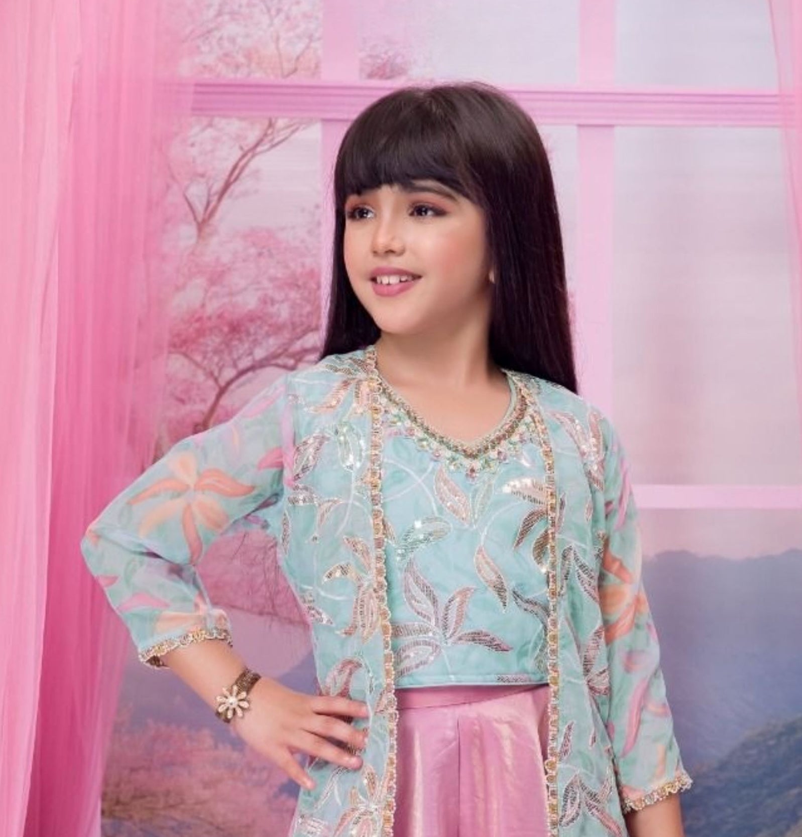 Aqua Blue & Pink Embroidered Long Jacket Lehenga Set