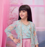 Aqua Blue & Pink Embroidered Long Jacket Lehenga Set