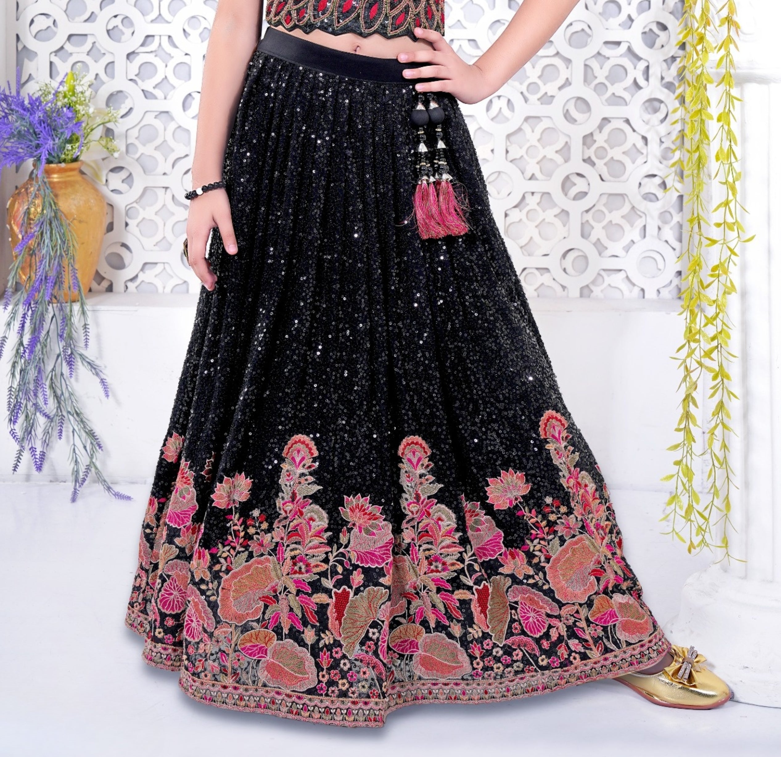 Black Sequin Floral Embroidered Lehenga Set