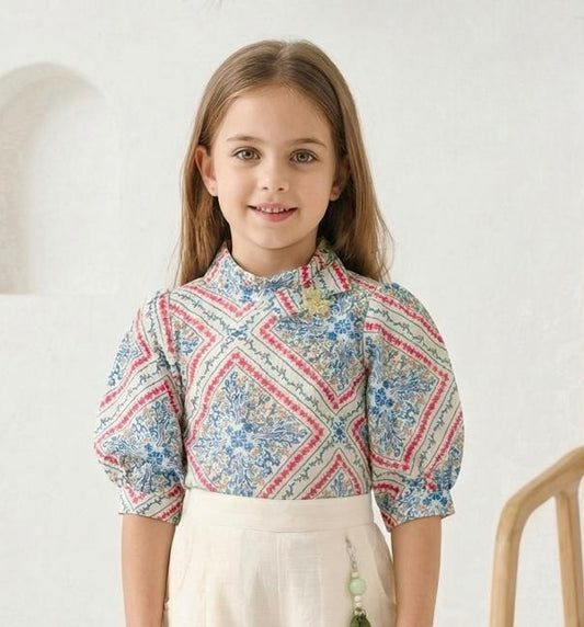 Ivory Blue Printed  Palazzo Set & Fusion Top | Western Wear For Girls