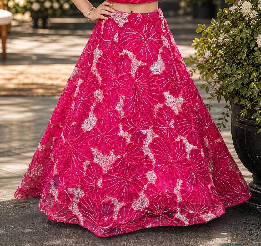 Hot Pink Floral Embroidered One-Shoulder Crop Top & Flared Lehenga Set | Ethnic Wear For Girls