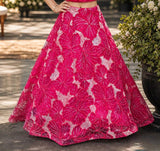 Hot Pink Floral Embroidered One-Shoulder Crop Top & Flared Lehenga Set | Ethnic Wear For Girls