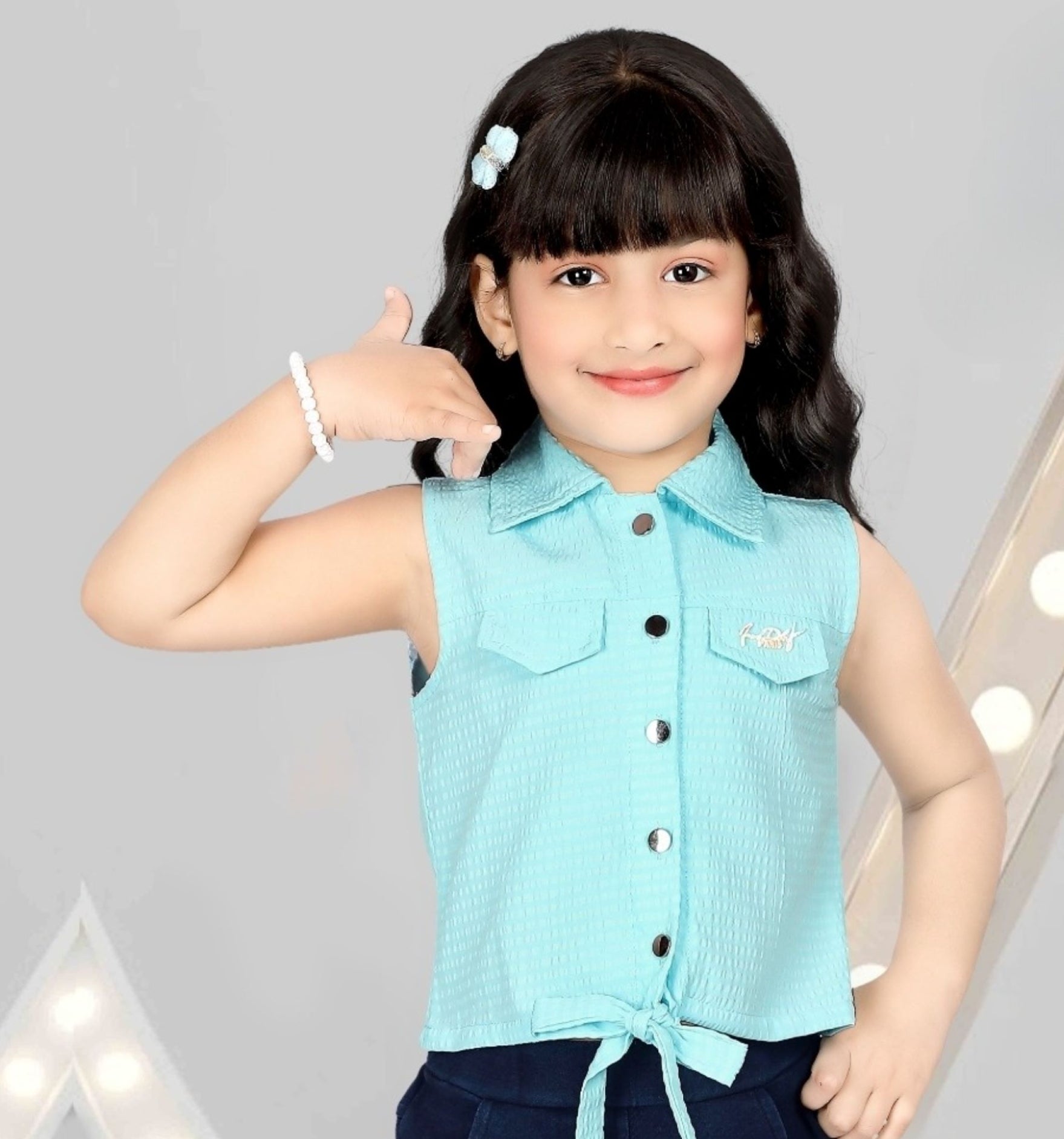 Aqua Blue Top & Navy Starry Denim Shorts