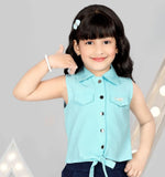 Aqua Blue Top & Navy Starry Denim Shorts