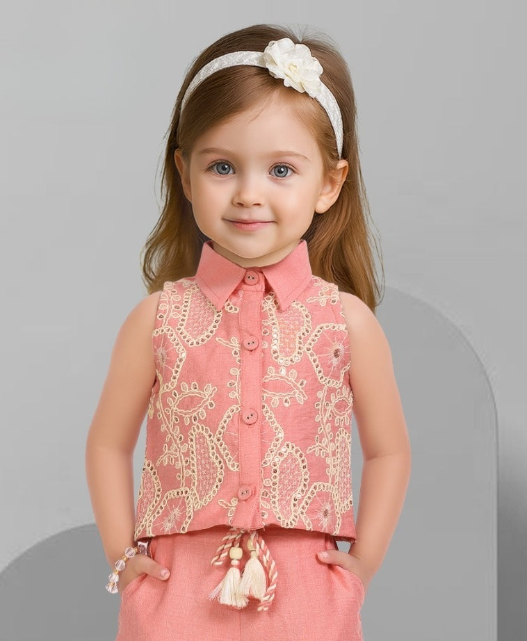 Baby Girls Peach Summer Outfit | Shirt & Culotte Set for Kids