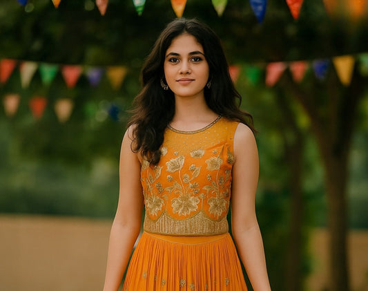 Girls Orange Embroidered Designer  Gown | Ethnic Wear Dress for Kids