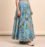 Girls Sky Blue Floral Printed Crop Top with Pleated Lehenga Skirt | Ethnic Wear for Kids