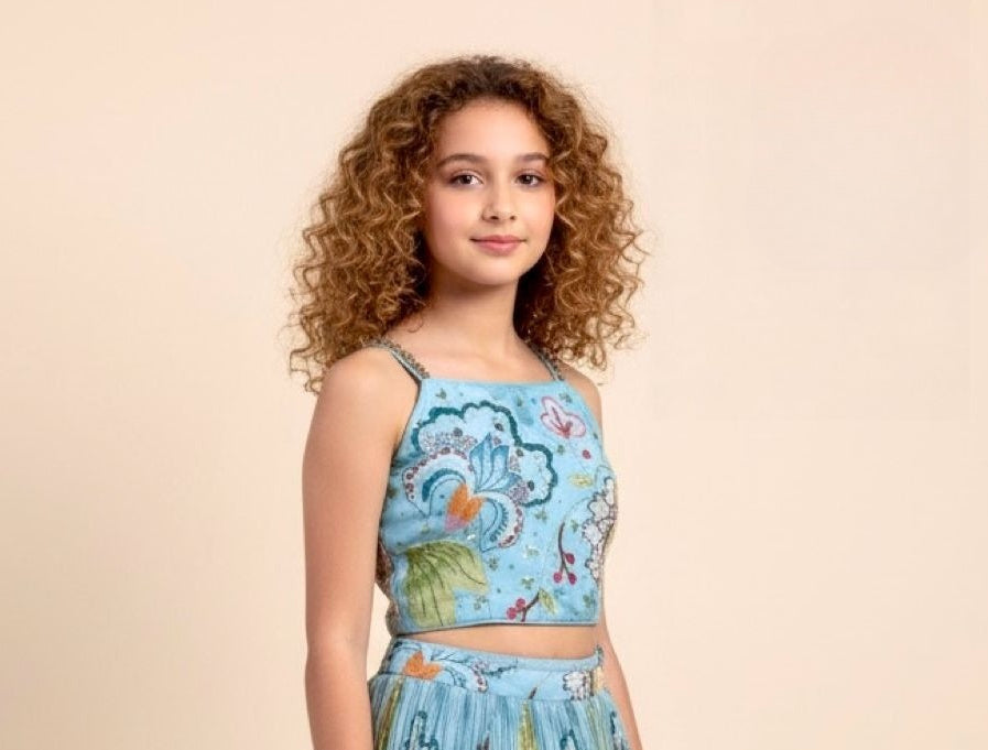 Girls Sky Blue Floral Printed Crop Top with Pleated Lehenga Skirt | Ethnic Wear for Kids