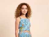 Girls Sky Blue Floral Printed Crop Top with Pleated Lehenga Skirt | Ethnic Wear for Kids