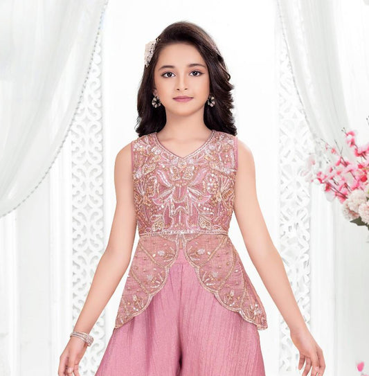 Blush Pink Embroidered Peplum Top & Wide-Leg Palazzo Set | Ethnic Wear For Girls
