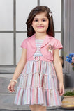 Blush Pink Striped Jacket Style Short Frock | Casual Wear Kids Dress for Girls