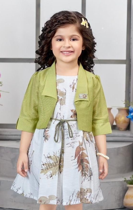 Leaf Print Dress with Olive Green Shrug Jacket | Casual Party Wear Kids Outfit for Girls