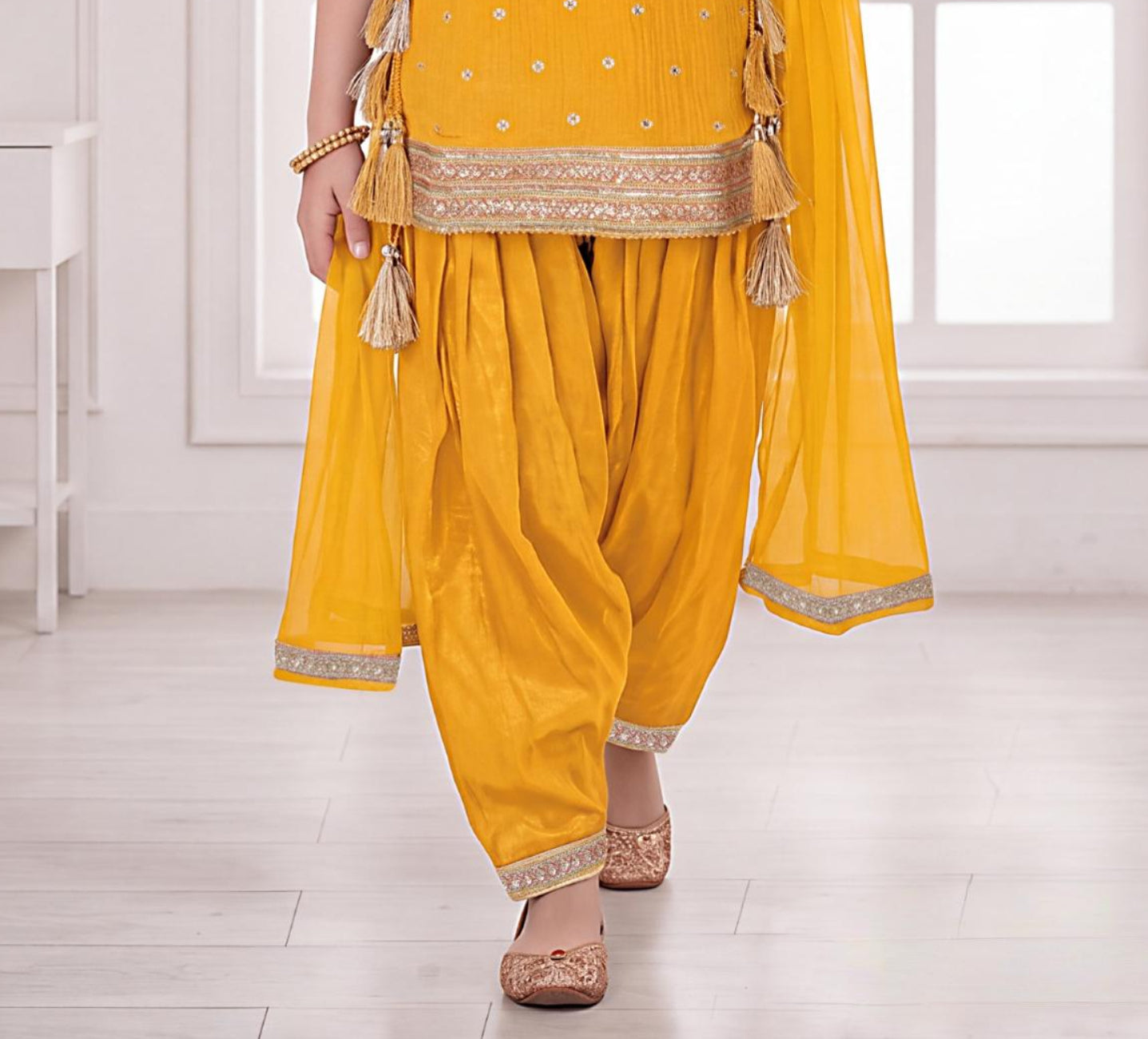 Mustard Yellow Embroidered Kurta & Dhoti Salwar Set with Dupatta | Ethnic Wear For Girls