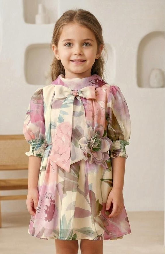Pastel Floral Printed Dress with Bow Neck & 3D Flower Detail | Party Wear Kids Dress for Girls