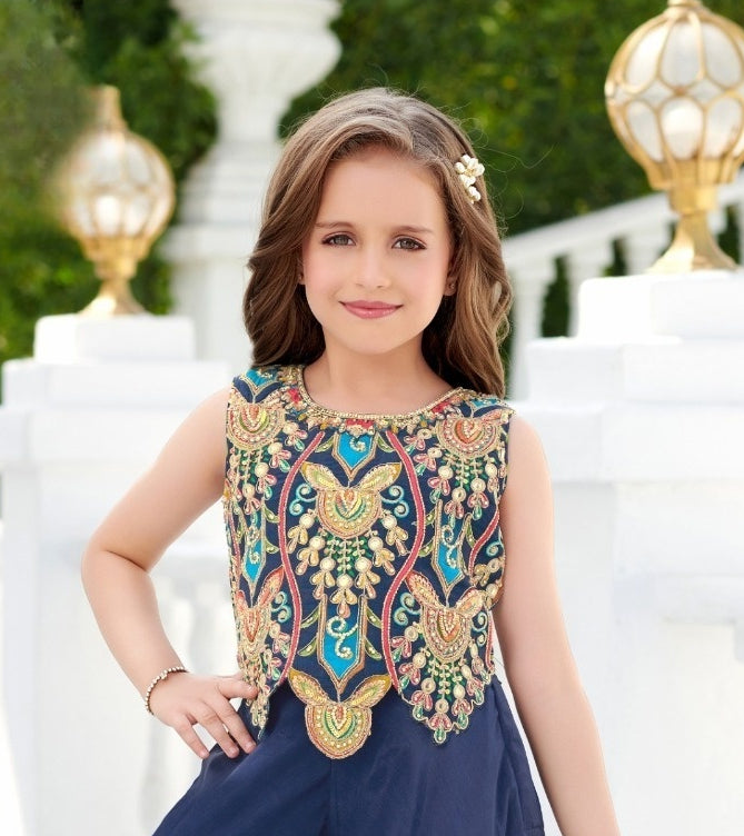 Royal Navy Blue Embroidered Palazzo Set | Kids Ethnic Outfit for Girls
