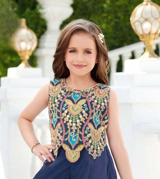 Royal Navy Blue Embroidered Palazzo Set | Kids Ethnic Outfit for Girls