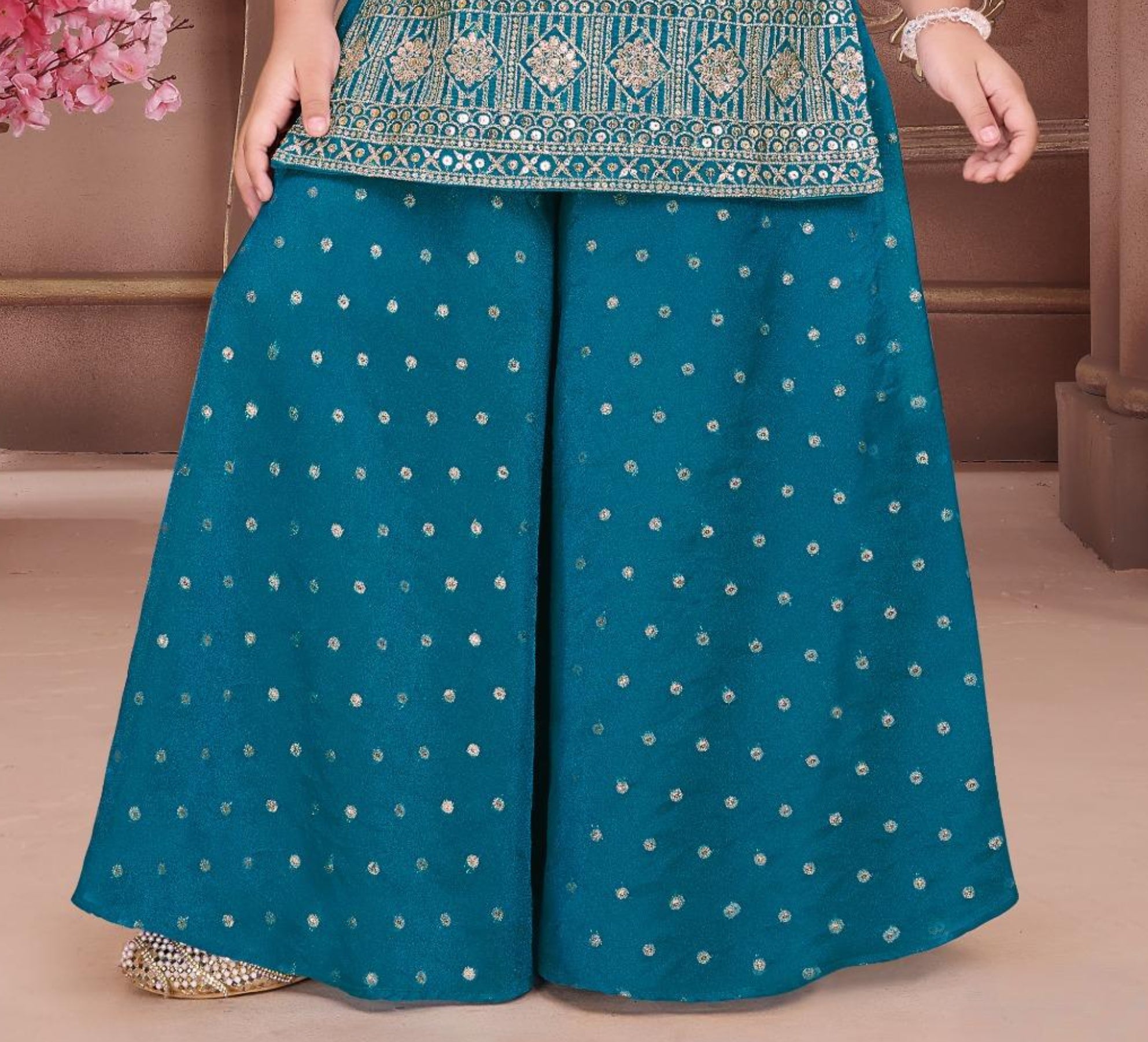 Teal Blue Embroidered Kurta with Palazzo & Dupatta Set | Ethnic Wear For Girls