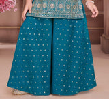 Teal Blue Embroidered Kurta with Palazzo & Dupatta Set | Ethnic Wear For Girls