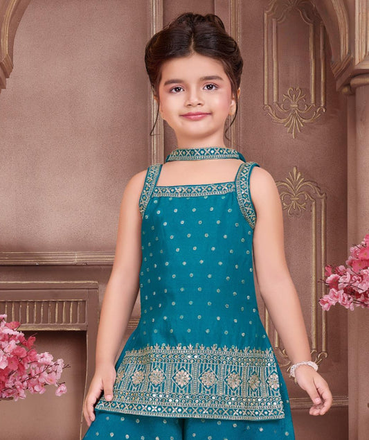Teal Blue Embroidered Kurta with Palazzo & Dupatta Set | Ethnic Wear For Girls
