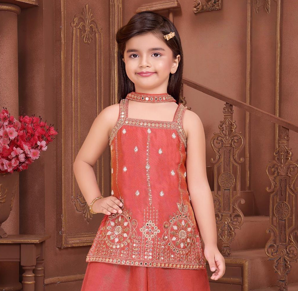 Rust Red Embroidered Kurta with Palazzo & Dupatta Set | Ethnic Wear For Girls