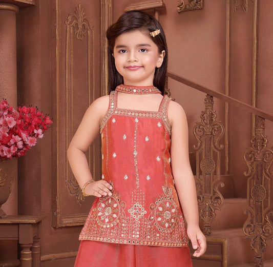 Rust Red Embroidered Kurta with Palazzo & Dupatta Set | Ethnic Wear For Girls