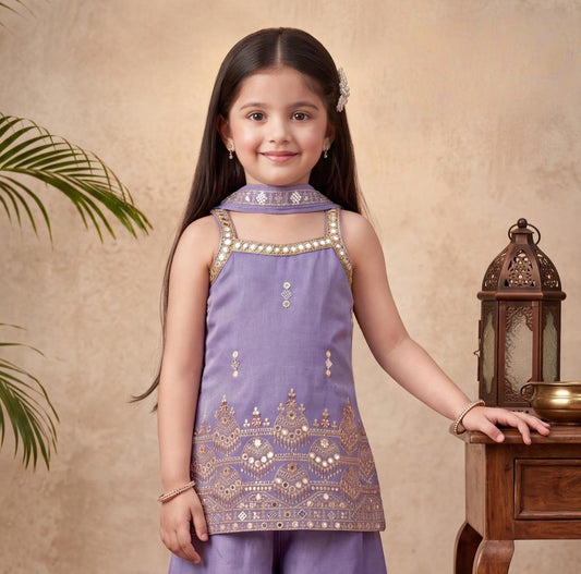 Lavender Embroidered Kurta with Palazzo & Dupatta Set | Ethnic Wear For Girls