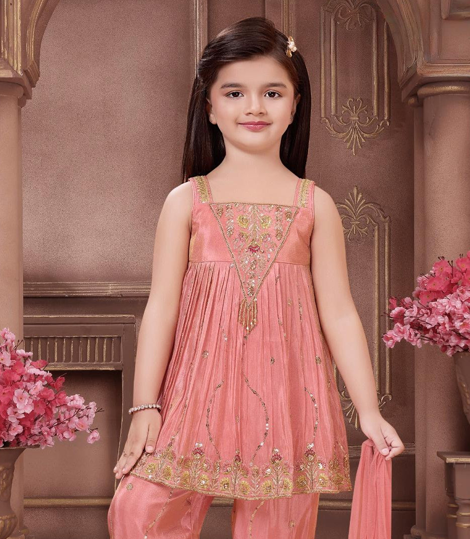 Peach  Embroidered Anarkali Kurta & Pant Set with Dupatta | Festive & Party Wear
