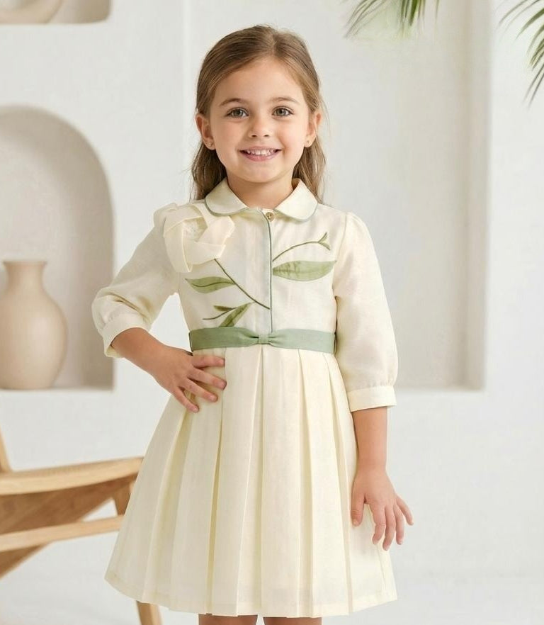 Cream Floral Embroidered  Elegant Pleated Short Frock |  Party Wear Dress for Girls