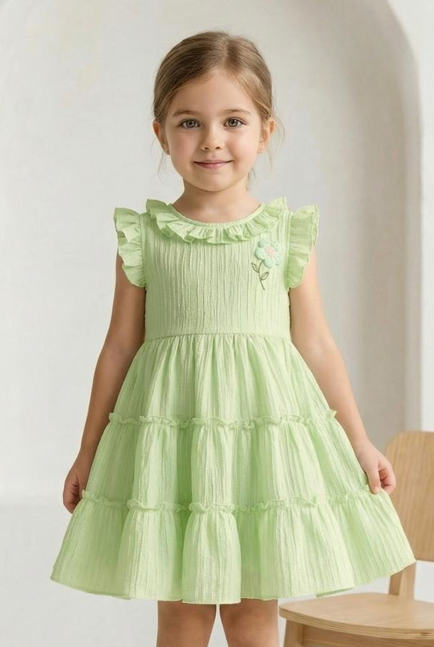 Mint Green Tiered Ruffle Short Frock with Floral Detail | Casual Wear Kids Dress for Girls