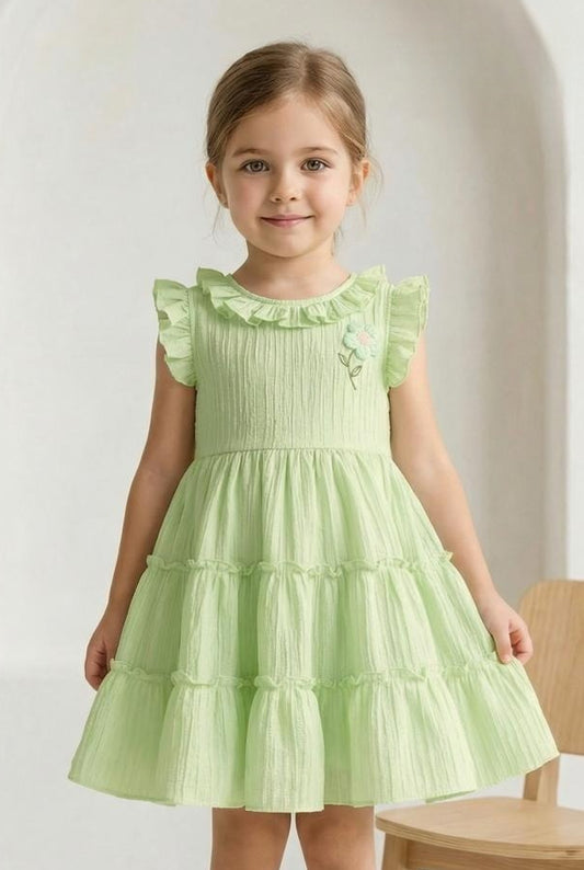 Mint Green Tiered Ruffle Short Frock with Floral Detail | Casual Wear Kids Dress for Girls