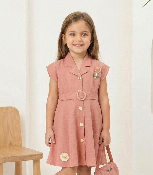 Dusty Pink Belted Elegant Casual Kids Dress | Party Wear Frock For Girls