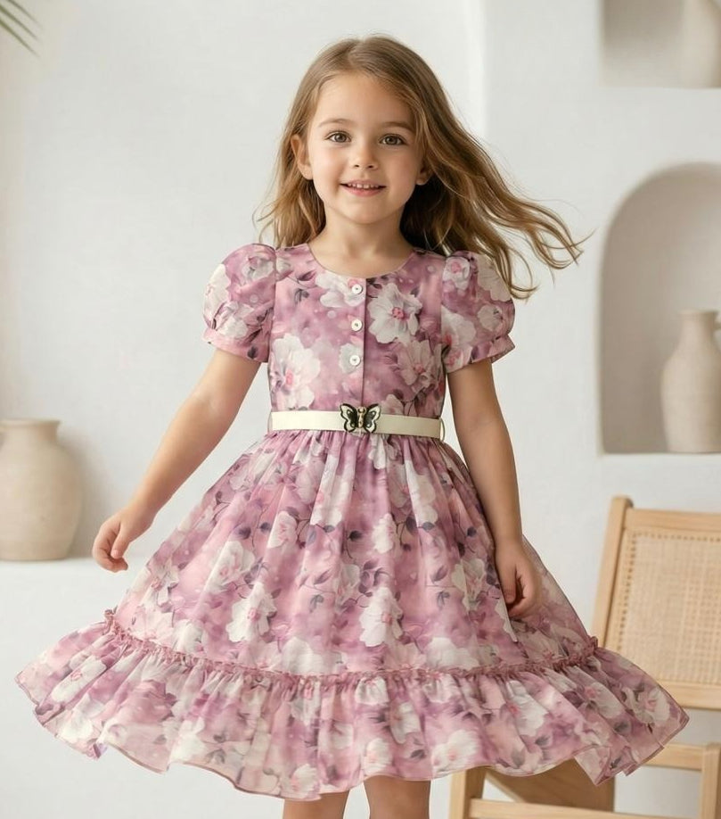 Wine Floral Ruffle Short Frock with Belt | Casual Wear Kids Dress for Girls
