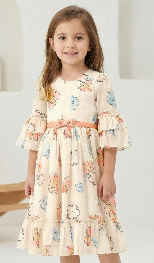 Cream Pastel Floral Ruffle Short Frock with Waist Tie | Casual Wear Kids Dress for Girls