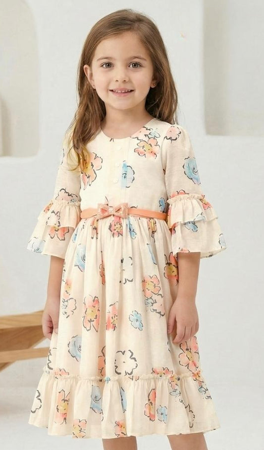 Cream Pastel Floral Ruffle Short Frock with Waist Tie | Casual Wear Kids Dress for Girls