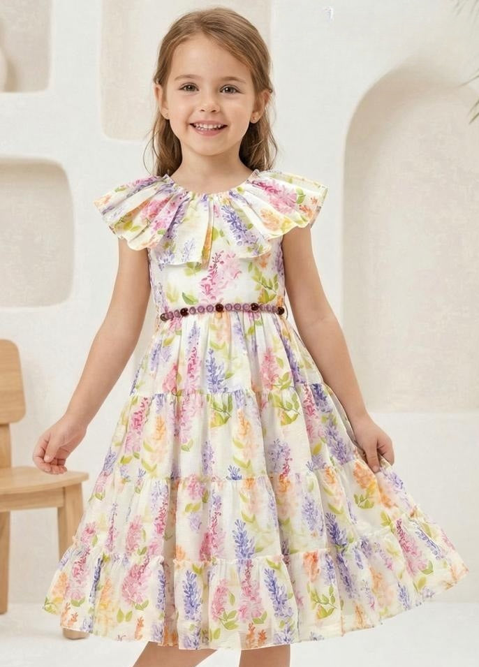 Pastel Floral Tiered Short Frock with Ruffle Neck | Casual Wear Kids Dress for Girls