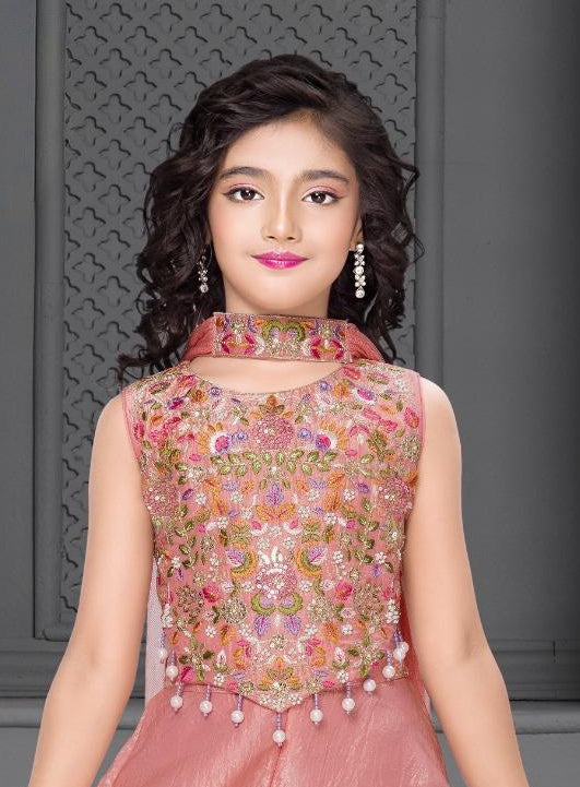 Peach Embroidered Crop Top with Palazzo Pants