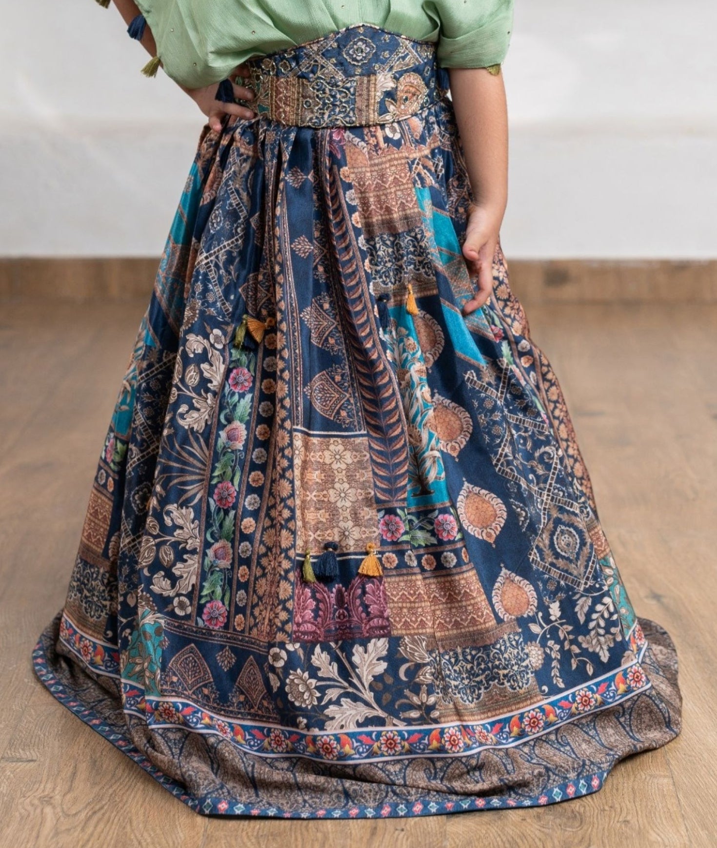 Mint Green - Royal Indigo Print Lehenga Set