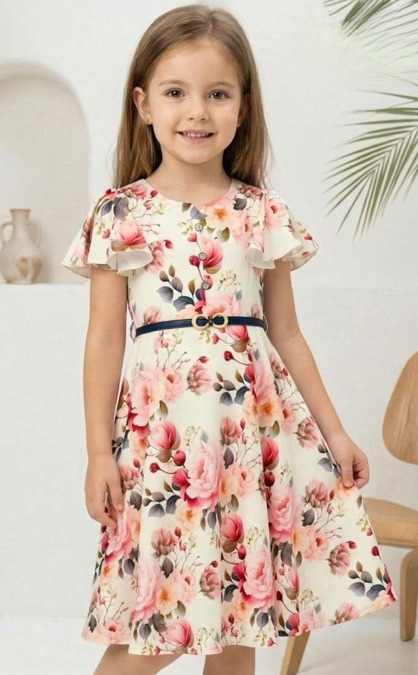 Cream Rose Floral Fit & Flare Short Frock with Belt | Casual Wear Kids Dress for Girls